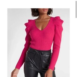 Express Fuchsia Ribbed V-Neck Sweater